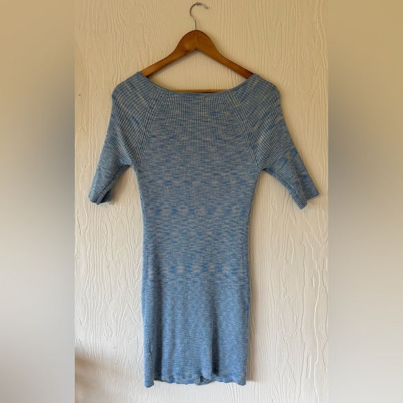 LPA Blue Knit Woven Ribbed Bodycon Tie Front Short Sleeved Scoop Neck Mini Dress - Picture 9 of 15